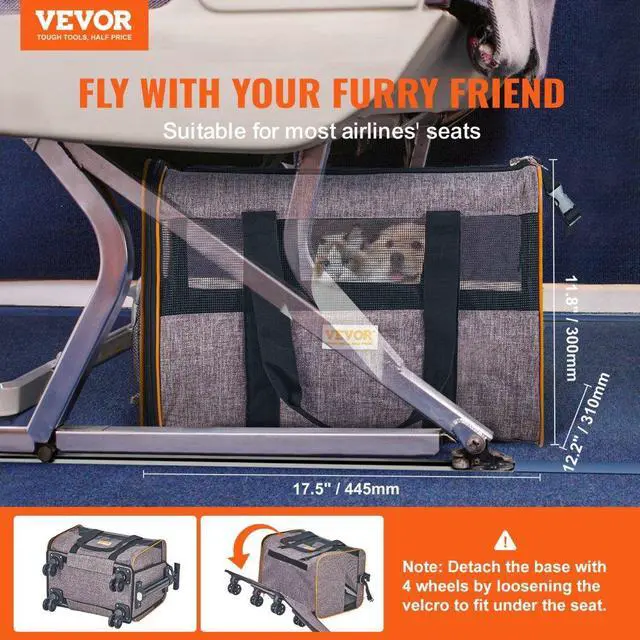 Alt view image 2 of 7 - VEVOR Cat Carrier with Wheels, Airline Approved Rolling Pet Carrier with Telescopic Handle and Shoulder Strap, Dog Carrier with Wheels for Pets under 22 lbs, with 1 Folding Bowl, Grey