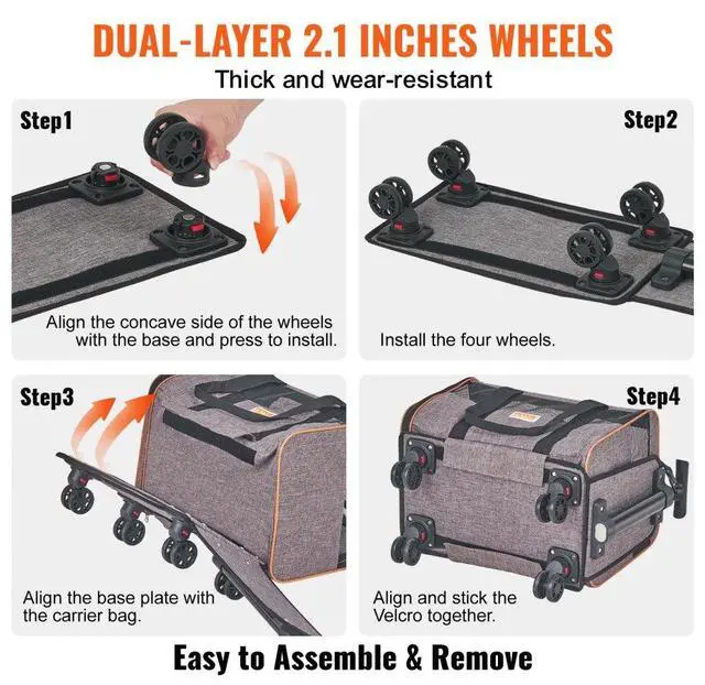 Alt view image 4 of 7 - VEVOR Cat Carrier with Wheels, Airline Approved Rolling Pet Carrier with Telescopic Handle and Shoulder Strap, Dog Carrier with Wheels for Pets under 22 lbs, with 1 Folding Bowl, Grey