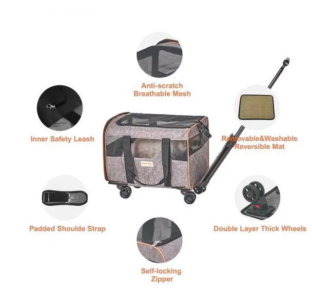 Alt view image 7 of 7 - VEVOR Cat Carrier with Wheels, Airline Approved Rolling Pet Carrier with Telescopic Handle and Shoulder Strap, Dog Carrier with Wheels for Pets under 22 lbs, with 1 Folding Bowl, Grey