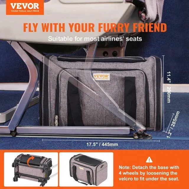 Alt view image 2 of 7 - VEVOR Cat Carrier with Wheels, Airline Approved Rolling Pet Carrier with Telescopic Handle and Shoulder Strap, Dog Carrier with Wheels for Pets under 25 lbs, with 1 Folding Bowl, Grey