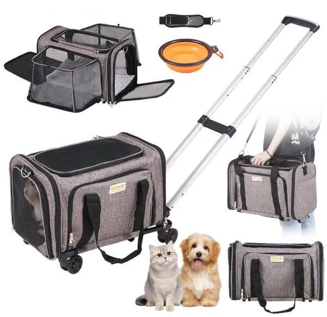 Main image of VEVOR Cat Carrier with Wheels, Airline Approved Rolling Pet Carrier with Telescopic Handle and Shoulder Strap, Dog Carrier with Wheels for Pets under 25 lbs, with 1 Folding Bowl, Grey