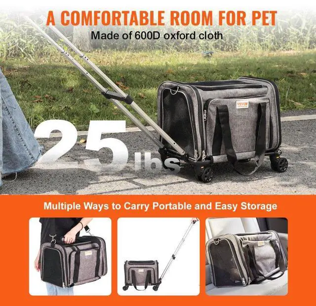 Alt view image 5 of 7 - VEVOR Cat Carrier with Wheels, Airline Approved Rolling Pet Carrier with Telescopic Handle and Shoulder Strap, Dog Carrier with Wheels for Pets under 25 lbs, with 1 Folding Bowl, Grey