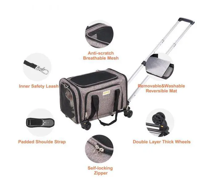 Alt view image 7 of 7 - VEVOR Cat Carrier with Wheels, Airline Approved Rolling Pet Carrier with Telescopic Handle and Shoulder Strap, Dog Carrier with Wheels for Pets under 25 lbs, with 1 Folding Bowl, Grey