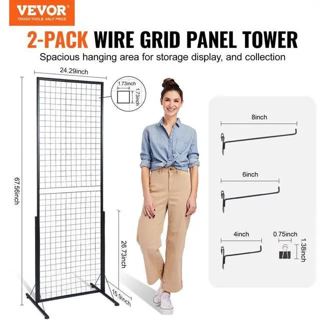 Alt view image 2 of 14 - VEVOR 2' x 5.6' Grid Wall Panels Tower, 2 Packs Wire Gridwall Display Racks with T-Base Floorstanding, Double Side Gridwall Panels for Art Craft Shows, Retail Display with Extra Clips and Hooks