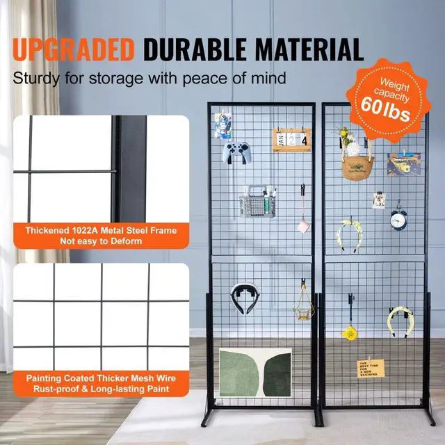 Alt view image 3 of 14 - VEVOR 2' x 5.6' Grid Wall Panels Tower, 2 Packs Wire Gridwall Display Racks with T-Base Floorstanding, Double Side Gridwall Panels for Art Craft Shows, Retail Display with Extra Clips and Hooks