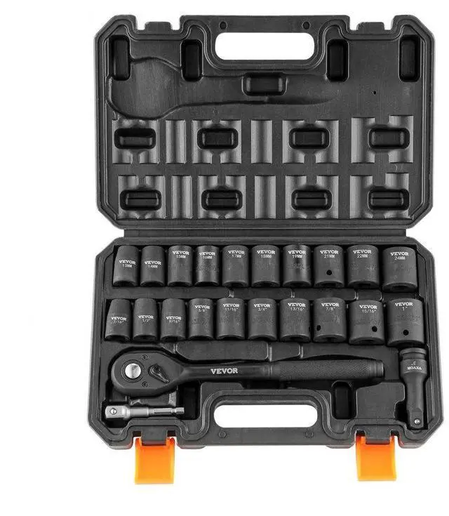 Main image of VEVOR 1/2" Drive Impact Socket Set, 23 Piece Socket Set SAE 7/16" -1"& Metric 13-24mm6 Point Cr-V Alloy Steel for Auto Repair with Ratchet Handle Rugged Construction Storage Case