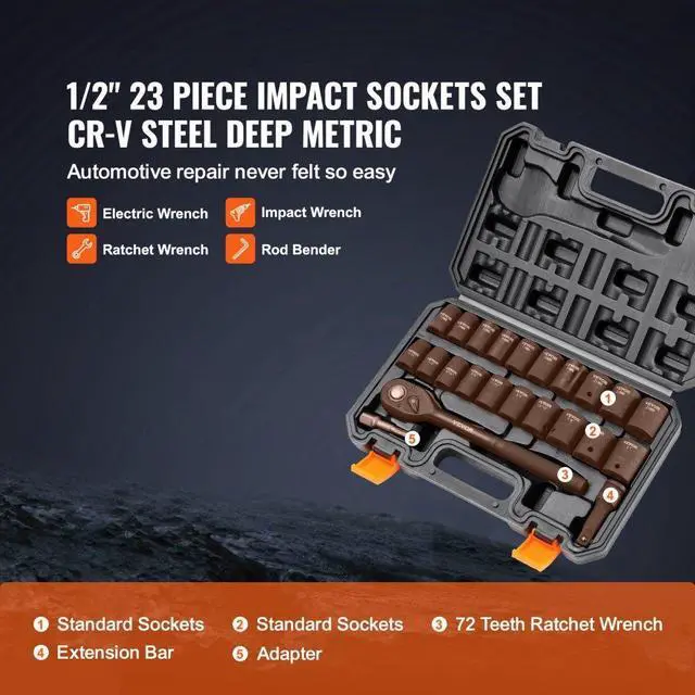 Alt view image 3 of 7 - VEVOR 1/2" Drive Impact Socket Set, 23 Piece Socket Set SAE 7/16" -1"& Metric 13-24mm6 Point Cr-V Alloy Steel for Auto Repair with Ratchet Handle Rugged Construction Storage Case
