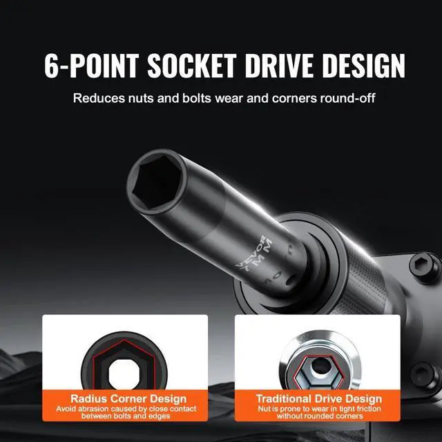 Alt view image 4 of 7 - VEVOR 1/2" Drive Impact Socket Set, 23 Piece Socket Set SAE 7/16" -1"& Metric 13-24mm6 Point Cr-V Alloy Steel for Auto Repair with Ratchet Handle Rugged Construction Storage Case