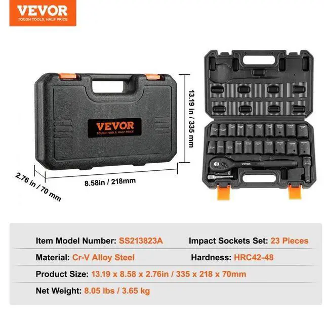 Alt view image 7 of 7 - VEVOR 1/2" Drive Impact Socket Set, 23 Piece Socket Set SAE 7/16" -1"& Metric 13-24mm6 Point Cr-V Alloy Steel for Auto Repair with Ratchet Handle Rugged Construction Storage Case
