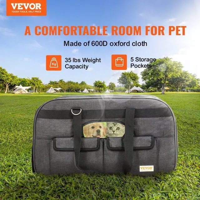 Alt view image 2 of 7 - VEVOR Cat Carrier with Wheels, Rolling Pet Carrier with Telescopic Handle and Shoulder Strap, Dog Carrier with Wheels for Pets under 35 lbs, with 1 Folding Bowl, Black