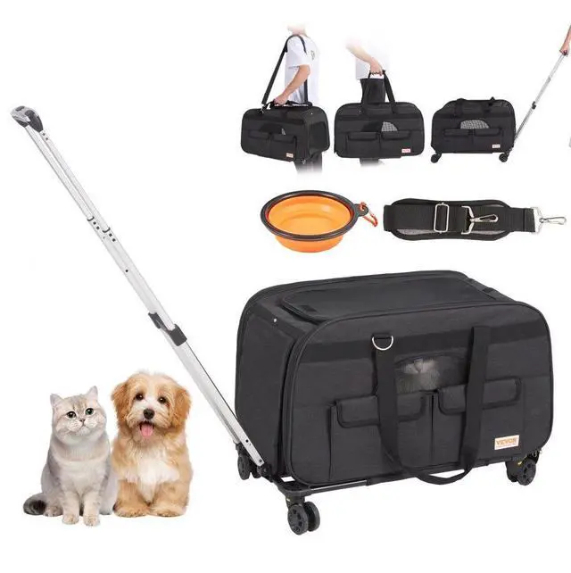 Main image of VEVOR Cat Carrier with Wheels, Rolling Pet Carrier with Telescopic Handle and Shoulder Strap, Dog Carrier with Wheels for Pets under 35 lbs, with 1 Folding Bowl, Black