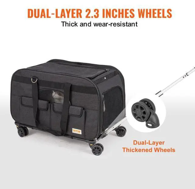 Alt view image 3 of 7 - VEVOR Cat Carrier with Wheels, Rolling Pet Carrier with Telescopic Handle and Shoulder Strap, Dog Carrier with Wheels for Pets under 35 lbs, with 1 Folding Bowl, Black