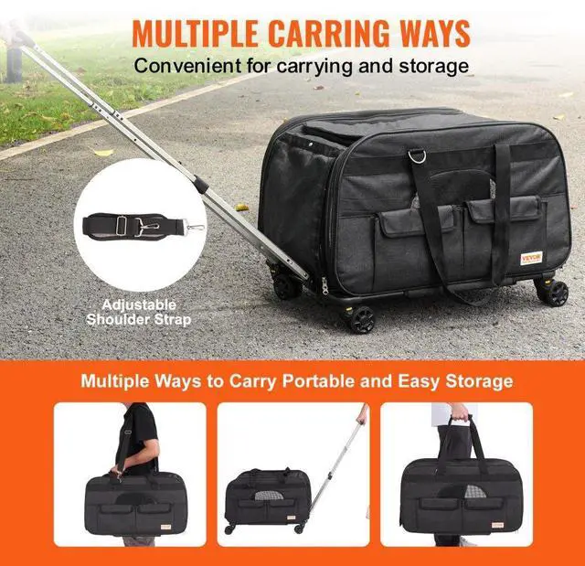 Alt view image 5 of 7 - VEVOR Cat Carrier with Wheels, Rolling Pet Carrier with Telescopic Handle and Shoulder Strap, Dog Carrier with Wheels for Pets under 35 lbs, with 1 Folding Bowl, Black