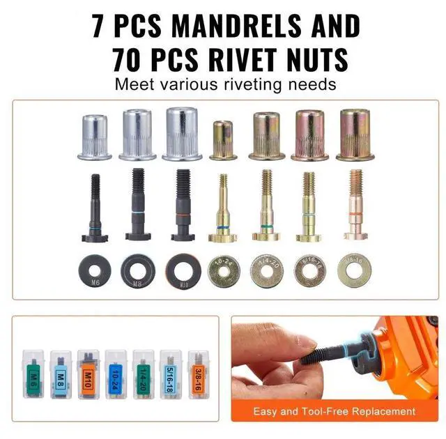 Alt view image 4 of 7 - VEVOR Rivet Nut Tool, 14 Rivnut Tool Kit with 7 PCS Metric and SAE Mandrels, 70 PCS Assorted Rivet Nuts, 10-24, 1/4-20, M6, 5/16-18, M8, 3/8-16, M10, Rivet Nut Kit With Rugged Carrying Case