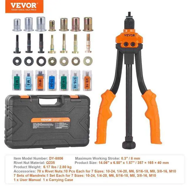 Alt view image 7 of 7 - VEVOR Rivet Nut Tool, 14 Rivnut Tool Kit with 7 PCS Metric and SAE Mandrels, 70 PCS Assorted Rivet Nuts, 10-24, 1/4-20, M6, 5/16-18, M8, 3/8-16, M10, Rivet Nut Kit With Rugged Carrying Case