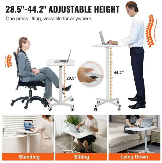 Alt view image 3 of 7 - VEVOR Mobile Standing Desk, 28.5"-44.2" Gas-Spring Height Adjustable Sit-Stand Desk, 360° Swivel Wheels (2 Lockable) Portable Rolling Laptop Table Computer Cart for Home Office School, 44LBS Loading