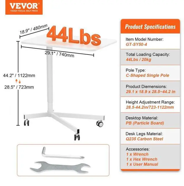 Alt view image 7 of 7 - VEVOR Mobile Standing Desk, 28.5"-44.2" Gas-Spring Height Adjustable Sit-Stand Desk, 360° Swivel Wheels (2 Lockable) Portable Rolling Laptop Table Computer Cart for Home Office School, 44LBS Loading