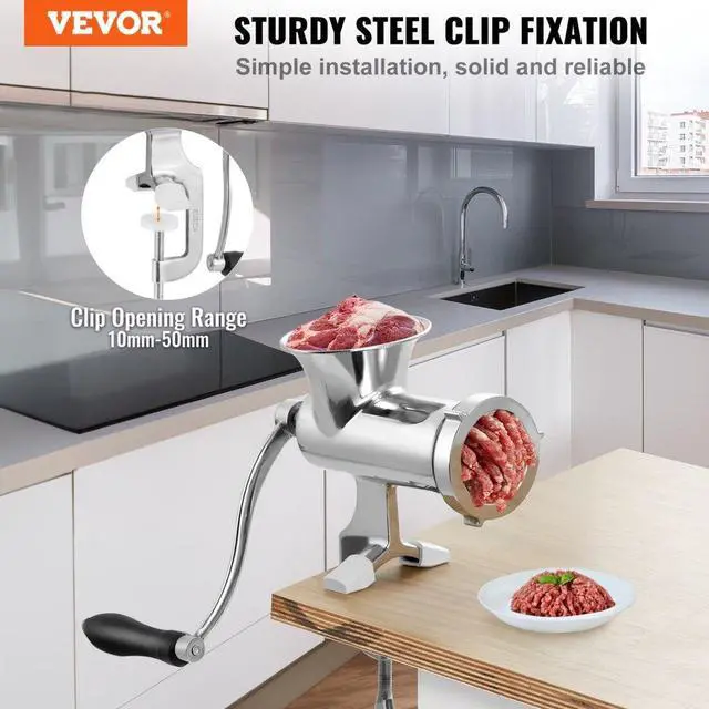 Alt view image 2 of 7 - VEVOR Manual Meat Grinder, 304 Stainless Steel Hand Meat Grinder with Steel Table Clamp, Meat Mincer Sausage Maker & 2 Cutting Plates, Cookie Attachment, Sausage Tube for Beef Pepper Mushroom Cookie