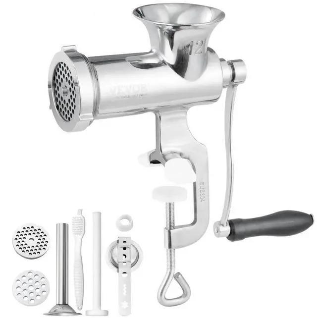 Main image of VEVOR Manual Meat Grinder, 304 Stainless Steel Hand Meat Grinder with Steel Table Clamp, Meat Mincer Sausage Maker & 2 Cutting Plates, Cookie Attachment, Sausage Tube for Beef Pepper Mushroom Cookie