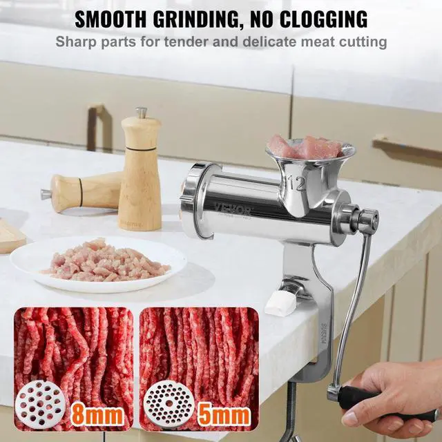 Alt view image 3 of 7 - VEVOR Manual Meat Grinder, 304 Stainless Steel Hand Meat Grinder with Steel Table Clamp, Meat Mincer Sausage Maker & 2 Cutting Plates, Cookie Attachment, Sausage Tube for Beef Pepper Mushroom Cookie