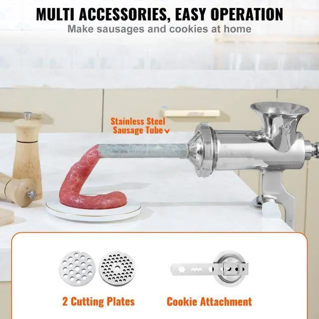 Alt view image 5 of 7 - VEVOR Manual Meat Grinder, 304 Stainless Steel Hand Meat Grinder with Steel Table Clamp, Meat Mincer Sausage Maker & 2 Cutting Plates, Cookie Attachment, Sausage Tube for Beef Pepper Mushroom Cookie