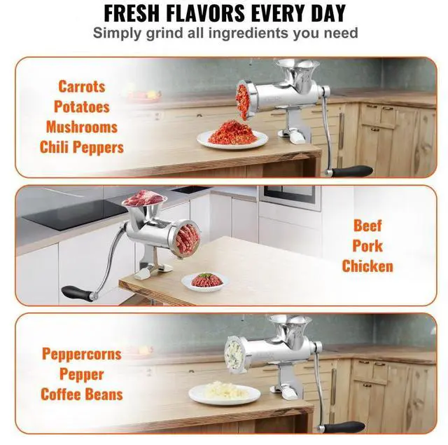 Alt view image 6 of 7 - VEVOR Manual Meat Grinder, 304 Stainless Steel Hand Meat Grinder with Steel Table Clamp, Meat Mincer Sausage Maker & 2 Cutting Plates, Cookie Attachment, Sausage Tube for Beef Pepper Mushroom Cookie