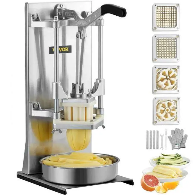 Main image of VEVOR Commercial French Fry Cutter with 4 Replacement Blades, 1/4 and 3/8 Blade Easy Dicer Chopper, 6-wedge Slicer and 6-wedge Apple Corer, Lemon Potato Cutter for French Fries with Extended Handle