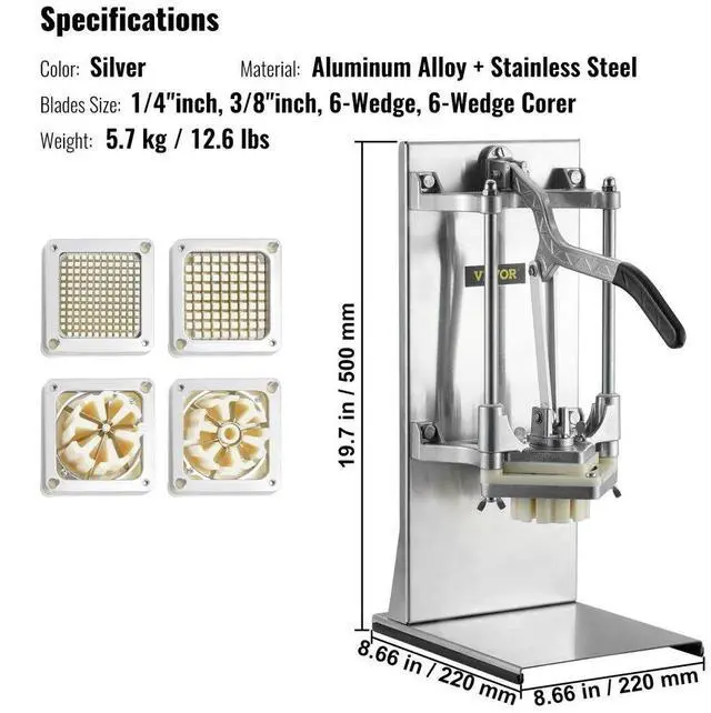 Alt view image 7 of 14 - VEVOR Commercial French Fry Cutter with 4 Replacement Blades, 1/4 and 3/8 Blade Easy Dicer Chopper, 6-wedge Slicer and 6-wedge Apple Corer, Lemon Potato Cutter for French Fries with Extended Handle