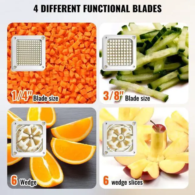 Alt view image 3 of 14 - VEVOR Commercial French Fry Cutter with 4 Replacement Blades, 1/4 & 3/8 Blade Easy Dicer Chopper, 6-wedge Slicer & 6-wedge Apple Corer, Lemon Potato Cutter for French Fries with Tray and Handle