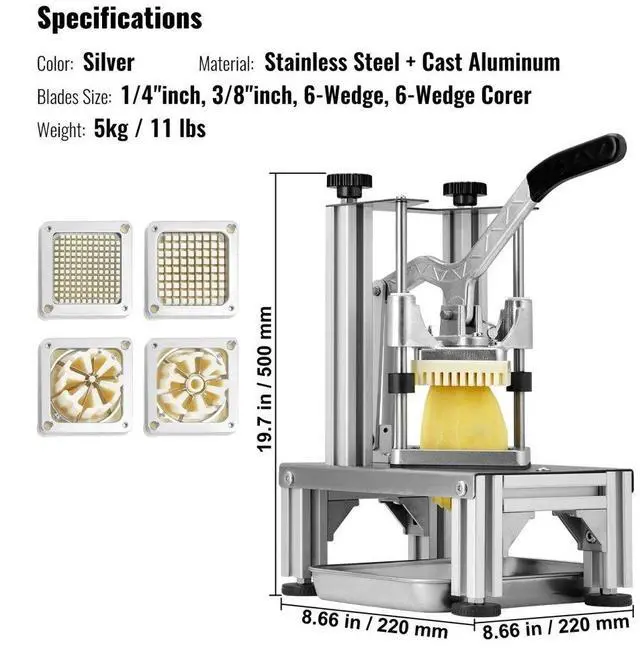 Alt view image 7 of 14 - VEVOR Commercial French Fry Cutter with 4 Replacement Blades, 1/4 & 3/8 Blade Easy Dicer Chopper, 6-wedge Slicer & 6-wedge Apple Corer, Lemon Potato Cutter for French Fries with Tray and Handle