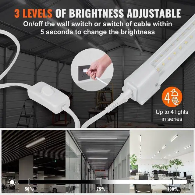 Alt view image 4 of 7 - VEVOR 10 Pack LED Shop Light, 8 FT, 80W Linkable Shop Light Fixture, 10000 LM Ceiling Lights 59 in Power Cords with ON/OFF Switch 48 in Connector Cables, for Garage Warehouse Home Workkshop and Office