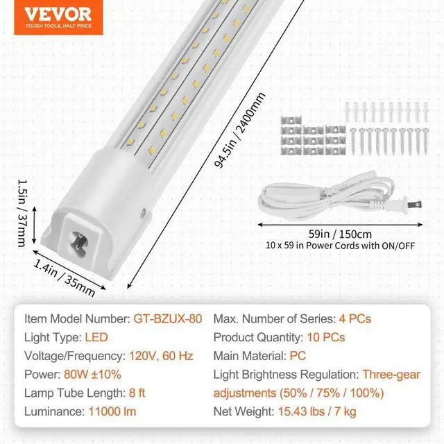 Alt view image 7 of 7 - VEVOR 10 Pack LED Shop Light, 8 FT, 80W Linkable Shop Light Fixture, 10000 LM Ceiling Lights 59 in Power Cords with ON/OFF Switch 48 in Connector Cables, for Garage Warehouse Home Workkshop and Office
