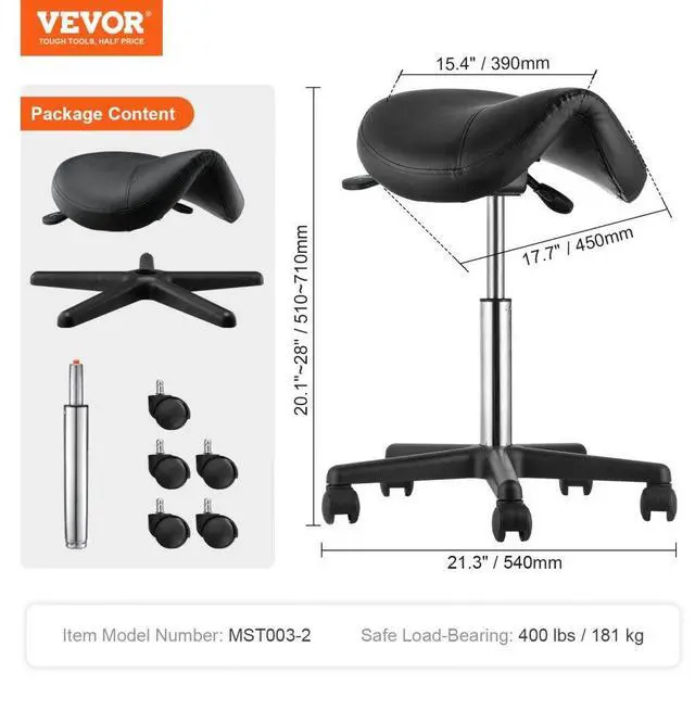 Alt view image 7 of 14 - VEVOR Saddle Stool with Wheels, 400 LBS Weight Capacity, Height Adjustable Thickened PU Leather Swivel Saddle Stool Chair for Salon, Spa, Tattoo, Clinic, Black