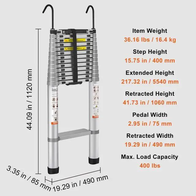 Alt view image 7 of 14 - VEVOR Telescoping Ladder, 18.5 FT Aluminum One-button Retraction Collapsible Extension Ladder, 400 LBS Capacity with Non-slip Feet, Portable Multi-purpose Compact Ladder for Home, RV, Loft, ANSI Liste
