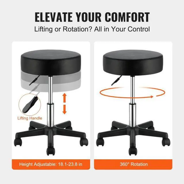 Alt view image 4 of 7 - VEVOR Rolling Stools with Wheels, 400 LBS Weight Capacity Adjustable Height Stool with Ultra-Thick Seat Cushion, Swivel Stools Chair for Salon, Bar, Home, Office, Tatoo, Medical, Massage, Black