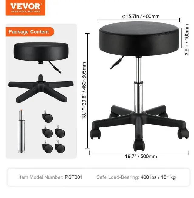 Alt view image 7 of 7 - VEVOR Rolling Stools with Wheels, 400 LBS Weight Capacity Adjustable Height Stool with Ultra-Thick Seat Cushion, Swivel Stools Chair for Salon, Bar, Home, Office, Tatoo, Medical, Massage, Black