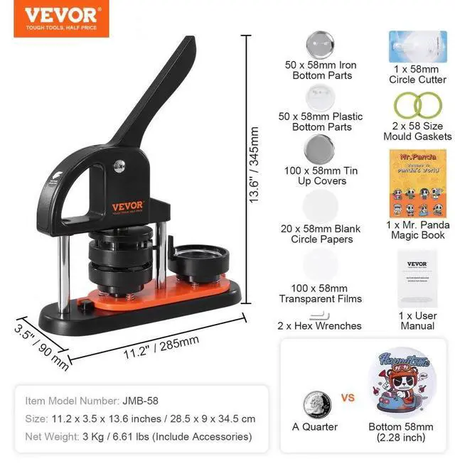 Alt view image 7 of 7 - VEVOR Button Maker Machine, 2.28 inch/58mm Pin Maker with 100pcs Button Parts, Ergonomic Arc Handle Punch Press Kit, Button Maker with Panda Magic Book, For Children DIY Gifts and Christmas