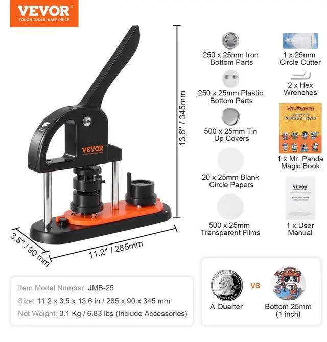 Alt view image 7 of 7 - VEVOR Button Maker Machine, 0.98 inch/25mm Pin Maker with 500pcs Button Parts, Button Maker with Panda Magic Book, Ergonomic Arc Handle Punch Press Kit, For Children DIY Gifts and Christmas