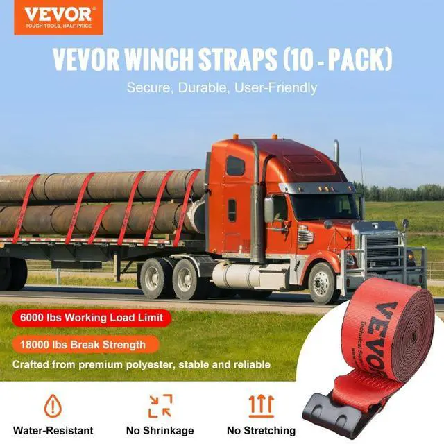Alt view image 2 of 7 - VEVOR Winch Straps, 4" x 30', 6000 lbs Load Capacity, 18000 lbs Breaking Strength, Truck Straps with Flat Hook, Flatbed Tie Downs Cargo Control for Trailers, Farms, Rescues, Tree Saver, Red (10 Pack)