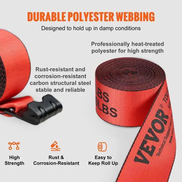 Alt view image 3 of 7 - VEVOR Winch Straps, 4" x 30', 6000 lbs Load Capacity, 18000 lbs Breaking Strength, Truck Straps with Flat Hook, Flatbed Tie Downs Cargo Control for Trailers, Farms, Rescues, Tree Saver, Red (10 Pack)