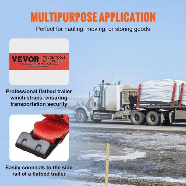 Alt view image 4 of 7 - VEVOR Winch Straps, 4" x 30', 6000 lbs Load Capacity, 18000 lbs Breaking Strength, Truck Straps with Flat Hook, Flatbed Tie Downs Cargo Control for Trailers, Farms, Rescues, Tree Saver, Red (10 Pack)