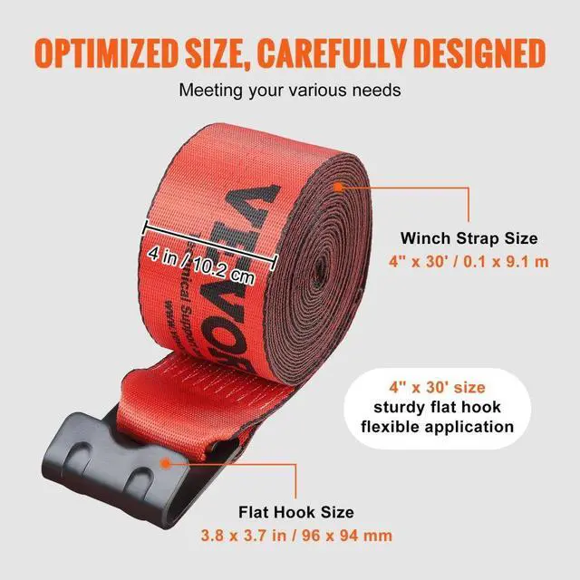 Alt view image 7 of 7 - VEVOR Winch Straps, 4" x 30', 6000 lbs Load Capacity, 18000 lbs Breaking Strength, Truck Straps with Flat Hook, Flatbed Tie Downs Cargo Control for Trailers, Farms, Rescues, Tree Saver, Red (10 Pack)