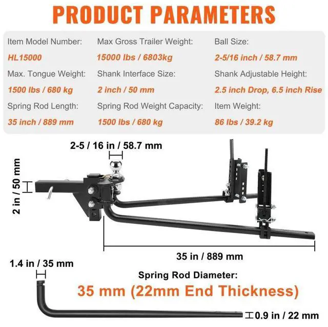 Alt view image 7 of 7 - VEVOR Weight Distribution Hitch, 1,500 lbs Weight Distributing Hitches Kit with Sway Control for Trailer, 2-In Solid Steel Shank, 2-5/16 in Alloy Steel Ball, Powder Coated Load Leveling Hitch, Black