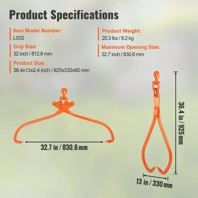 Alt view image 7 of 14 - VEVOR Log Skidding Tongs, 32 inch 2 Claw Log Lifting Tongs, Heavy Duty Rotating Steel Lumber Skidding Tongs, 1543 lbs/700 kg Loading Capacity, Log Lifting, Handling, Dragging & Carrying Tool