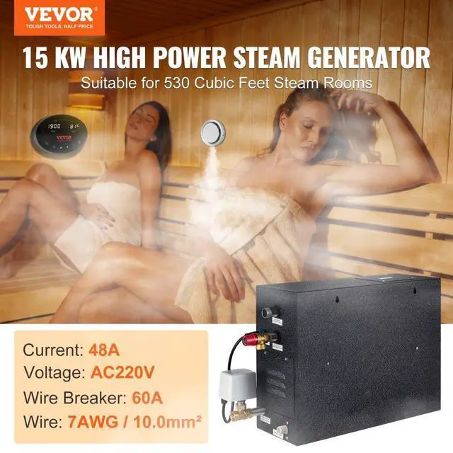 Alt view image 2 of 7 - VEVOR Steam Shower Generator, 15 kW, Segmented Heating & Temperature Customization & 24h Timer Steam Bath Kit, Automatic Drainage Luxury Home Steam Shower System, Acrylic Room Max. 530 Cu. Ft.