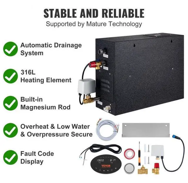 Alt view image 4 of 7 - VEVOR Steam Shower Generator, 15 kW, Segmented Heating & Temperature Customization & 24h Timer Steam Bath Kit, Automatic Drainage Luxury Home Steam Shower System, Acrylic Room Max. 530 Cu. Ft.