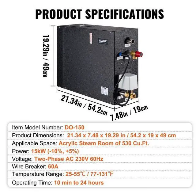 Alt view image 7 of 7 - VEVOR Steam Shower Generator, 15 kW, Segmented Heating & Temperature Customization & 24h Timer Steam Bath Kit, Automatic Drainage Luxury Home Steam Shower System, Acrylic Room Max. 530 Cu. Ft.
