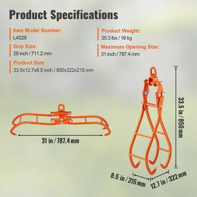 Alt view image 7 of 7 - VEVOR Timber Claw Hook, 28 inch 4 Claw Log Grapple for Logging Tongs, Swivel Steel Log Lifting Tongs, Eagle Claws Design with 2205 lbs/1000 kg Loading Capacity for Tractors, ATVs, Trucks, Forklifts