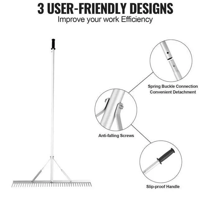 Alt view image 5 of 7 - VEVOR Landscape Rake, 36" Head Aluminum Landscape Rake, Lake Weed Rake with 75" Long Handle, for Loosening Soil, Lawn Care, Weeding Lake, Garden, Pond