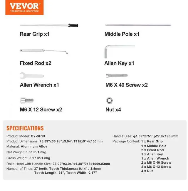 Alt view image 7 of 7 - VEVOR Landscape Rake, 36" Head Aluminum Landscape Rake, Lake Weed Rake with 75" Long Handle, for Loosening Soil, Lawn Care, Weeding Lake, Garden, Pond